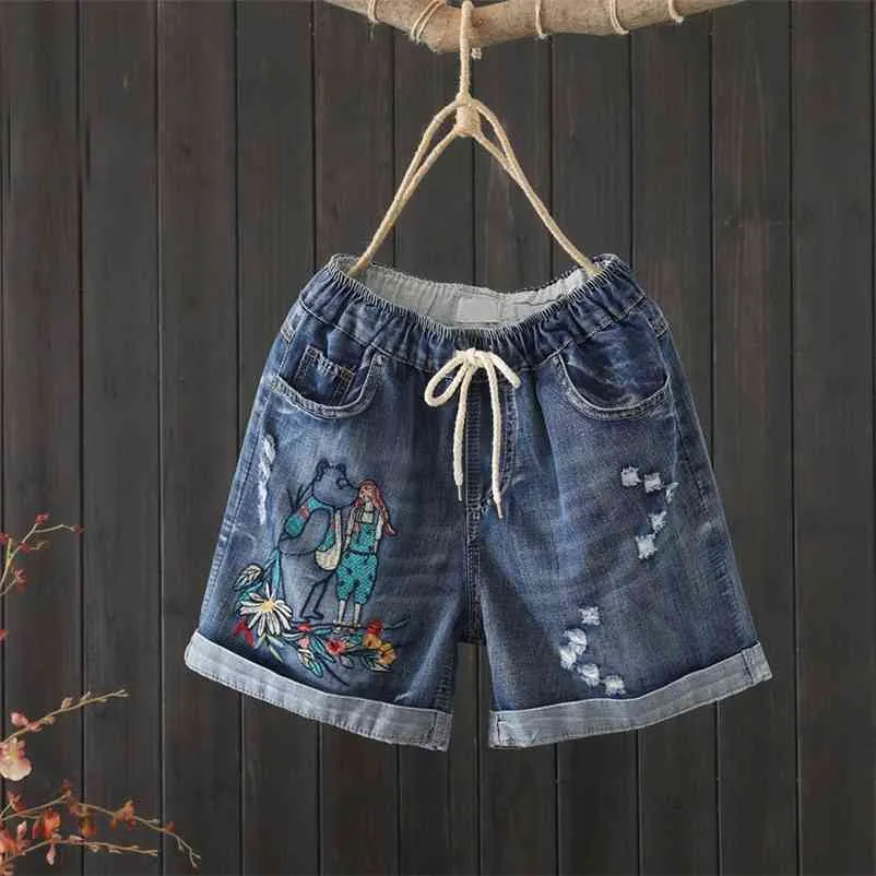 Chegada Mulheres Verão Vintage Jeans Rasgado Shorts Patchwork Bordado Solto Casual Cintura Elastic Denim S909 210629