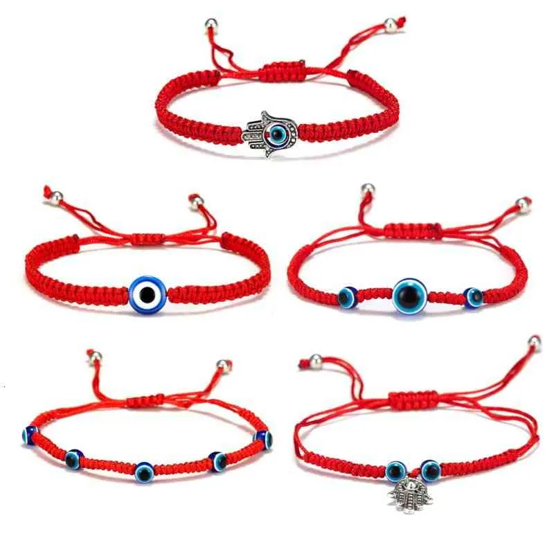 5 Stück türkischer böser Blick, Glückskabbalah, rote Schnur, Armband-Set, verstellbare blaue Perlen, Glücksschmuck, Unisex