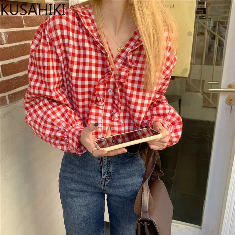 Vintage V-Neck Wzburzyć Bluzka Koszulka Causal Koreański Plaid Kobiety Topy Wiosna Z Długim Rękawem Blusas Feminimos 6E310 210603