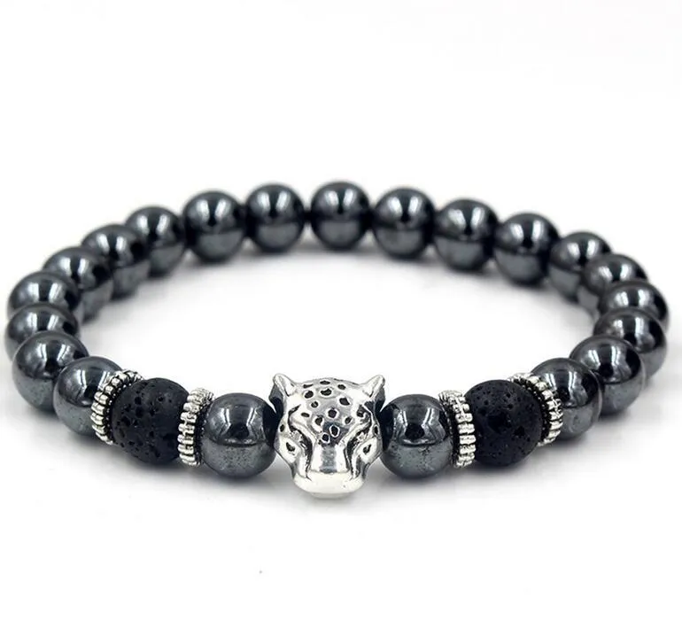 Fili di perline di ematite nera Braccialetti di roccia lavica in lega di teschio di leone d'argento placcato oro per bracciale da donna