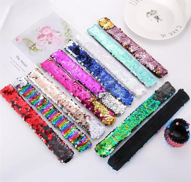 Slap Bracelets Sequins Girls Wristband Sequined Hairband Glitter Ponytail Holder Kids Party favors 11 Designs DB519