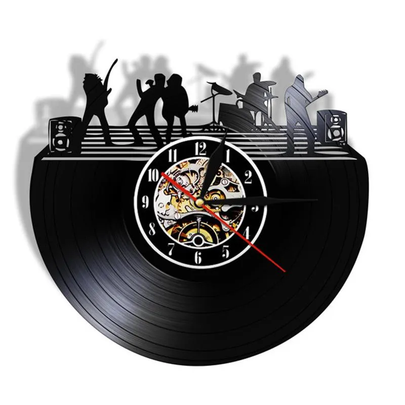 Zegary ścienne Zespół Rock Na Scena Czarny Biały Sztuki Zegar Vintage Record Muzyka LIVE Studio Decor Lover Prezent