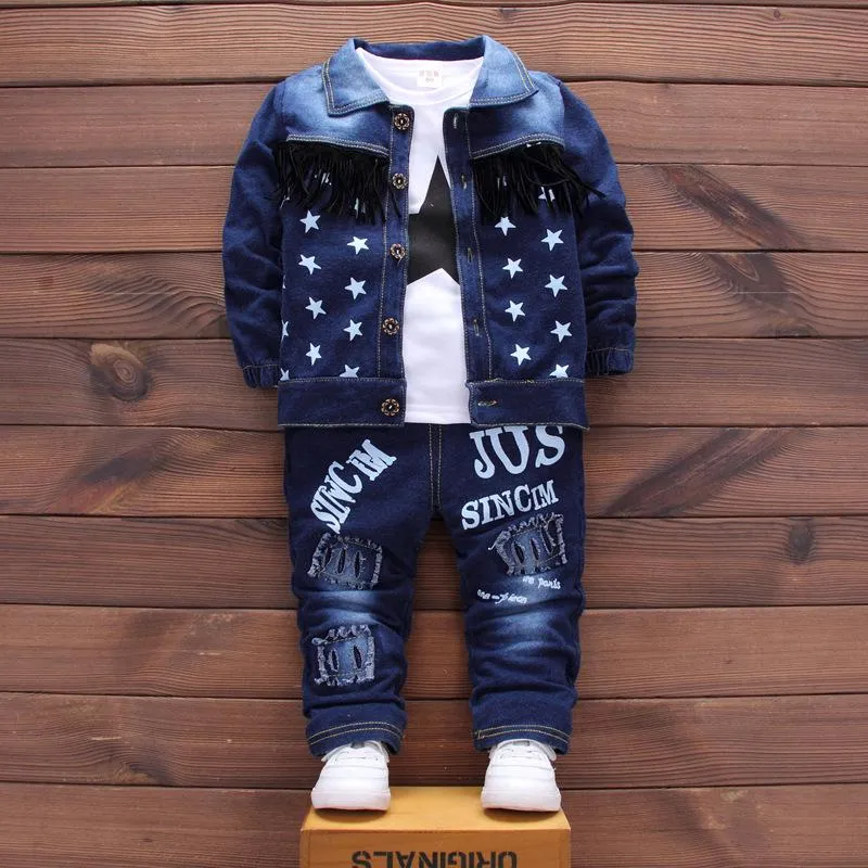 Sonbahar Bebek Giysileri Pamuk Uzun Kollu Katı Başlangıç ​​Ceket Üst Kot Pantolon Çocuk Giysileri 3 PCS Set Denim Takip Boy Boy Giyim Seti
