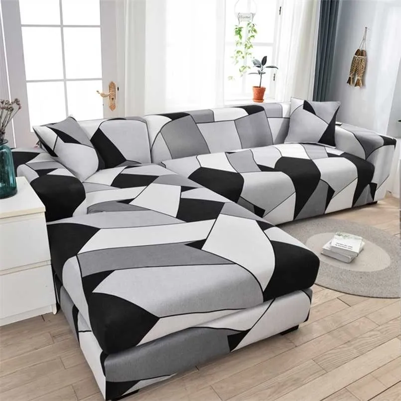 Geometric Sofa Cover for Living Room Stretch Printed Couch Pets Elastic Dust-proof Corner L shape Chaise longue Slipcovers 211116