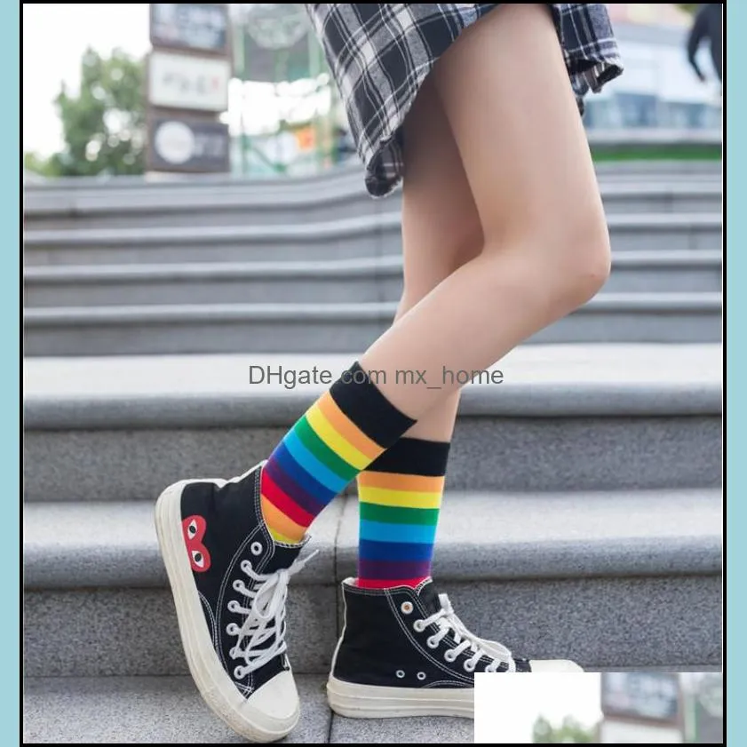 Colorful Striped Rainbow Socks Women Striped Fun Crazy Cotton Novelty Multicolor Art Fashion Girls Casual Pair Crew Sock