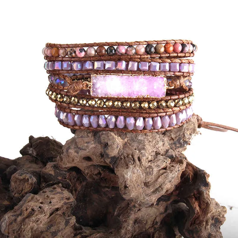 RH sommar mode kvinnor armbandare gul / korall / lila kristall naturliga stenar blandade druzy charm 5x wrap armband dropship