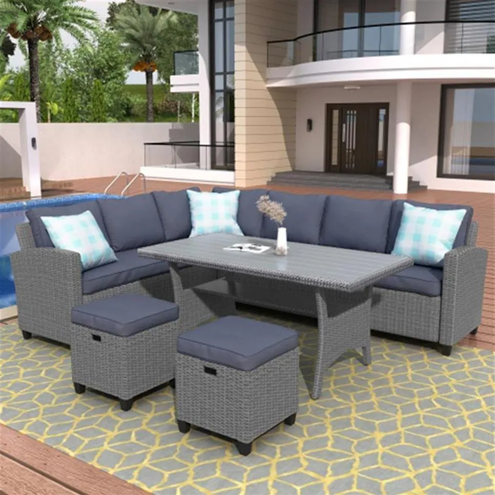 U_STYLE Patio Furniture Set 5 Piece Outdoor Conversation Set Dining Table Chair with Ottoman and Throw Pillows US stock a53 a35 a25
