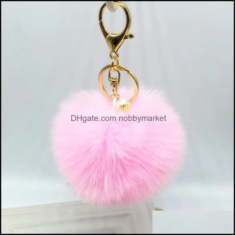 Cute Genuine Leather Rabbit fur ball plush key chain for ring Bag Pendant car keychain