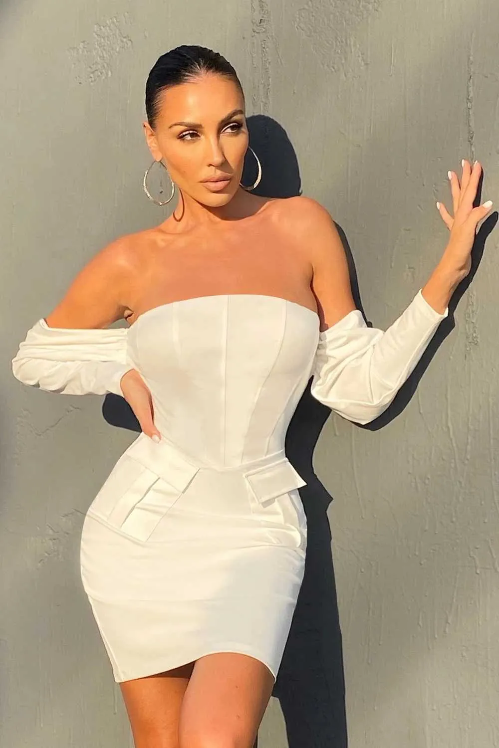 Summer Women Mini Bandage Dress White High Waist Sexy Long Sleeve Off Shoulder Pocket Dress Fashion Bodycon Party Dress 210625