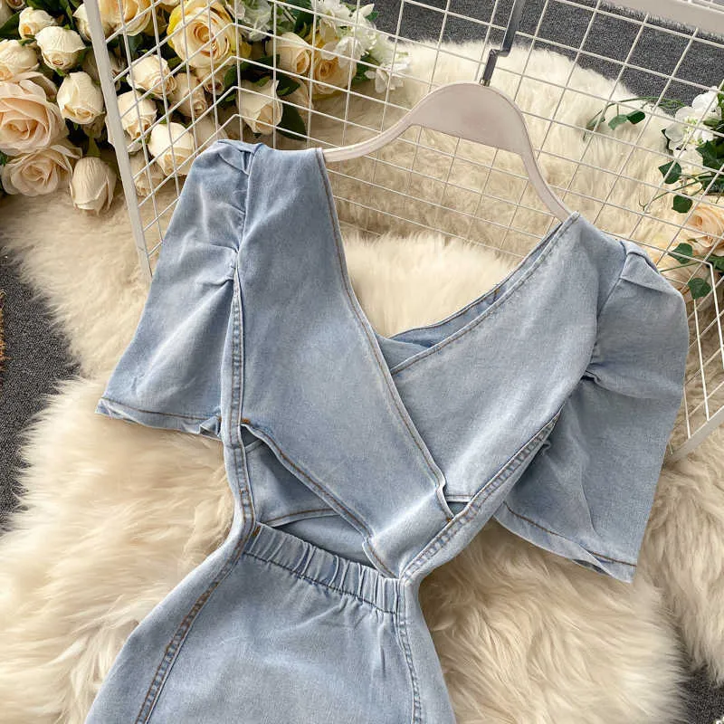 Summer Fashion High Waist Bodycon Denim Denim pinafore dress with Sleeves and Hollow-out Backless for Women - DEAT SB758 210709