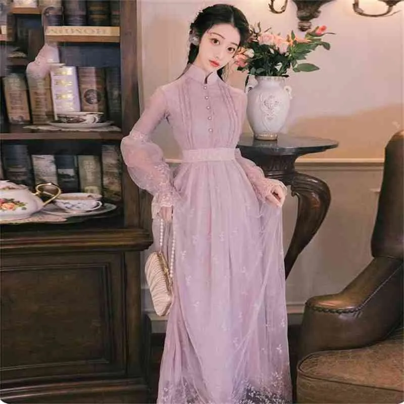Summer Purple Lace Long Women Dress Full Sleeve Embroidery Party Maxi Vintage Lady Evening Elegant 210603
