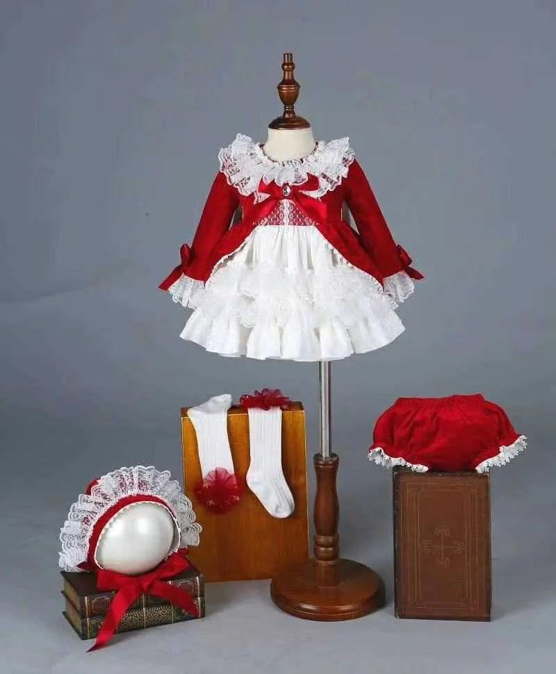 Vintage Spanish Princess Lolita Pompom Toddler Christmas Dress Set - 4pcs for Girls, Perfect for Autumn, Winter, Spring, Christmas, Birthday, Wedding Vintage Spanish Princess Lolita Pompom Toddler Christmas Dress Set - 4pcs for Girls, Perfect for Autumn, Winter, Spring, Christmas, Birthday, Wedding