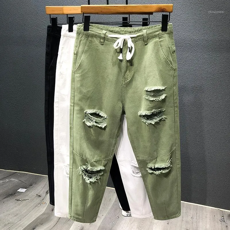 Männer Jeans Japanische Trend Weiß Grün Schwarz Knöchel Länge Jugend Mode Ripped Loch Lose Denim Harem Hosen Männlich