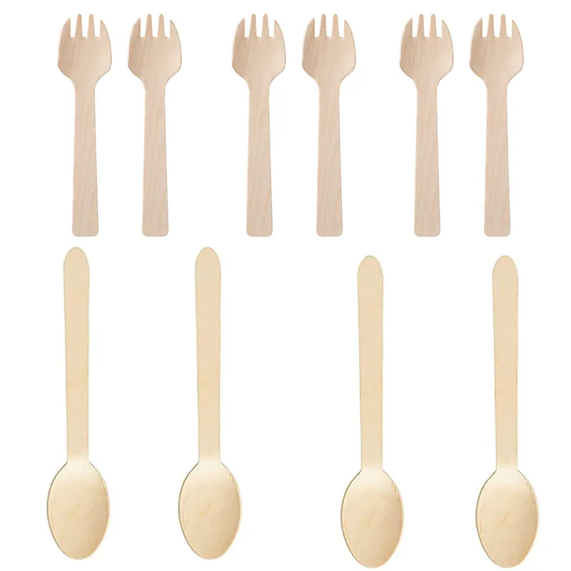 100pcs 1lot Wooden Disposable Spoon Mini Ice Cream Spoons Fork Flatware Wood Dessert Scoop Wedding Party Tableware Kitchen Accessories Tool