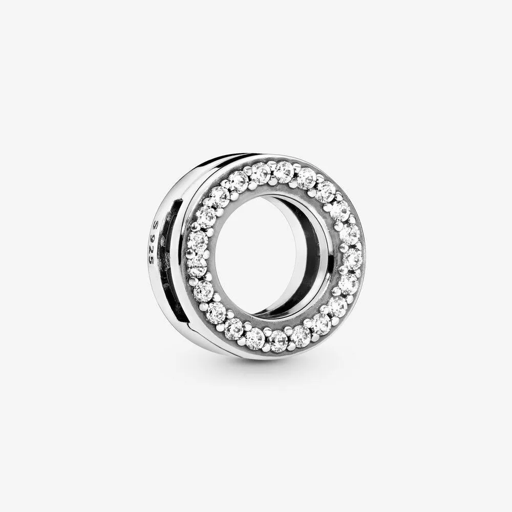 100% 925 Sterling Silver Cirkel av Pave Clip Charms Fit Pandora Reflexioner Mesh Armband Mode Kvinnor Bröllop Förlovning Smycken Tillbehör