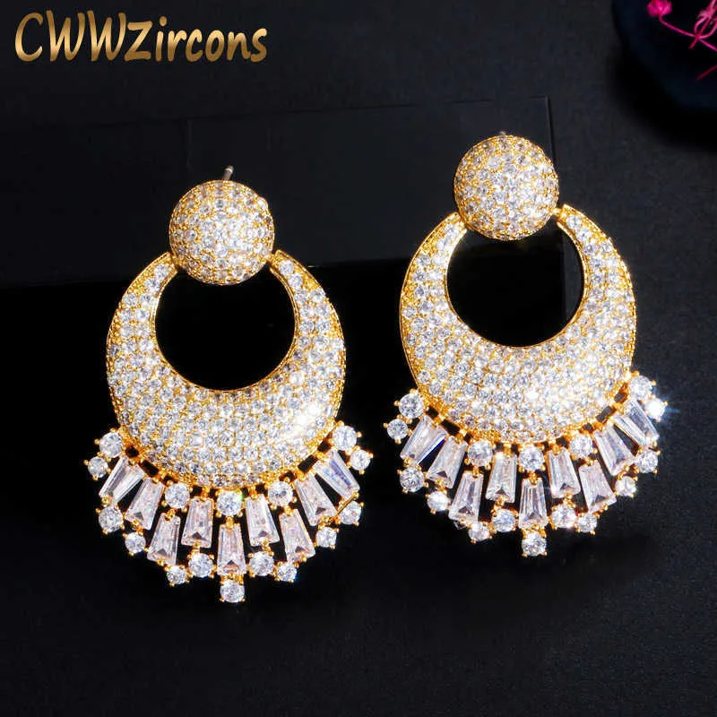 Luxury Long Big Drop Cubic Zirconia Pave Women Wedding Engagement Party Indian Gold Earrings Costume Jewelry CZ723 210714