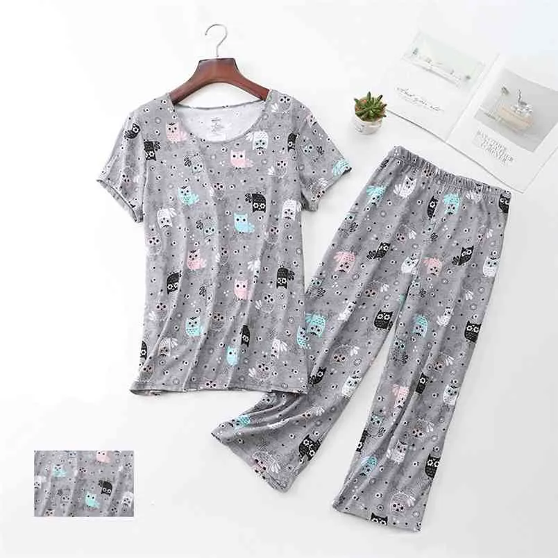 Cartoon pyjama set vrouwelijke sexy korte mouw t-shirt lange broeken mode thuis katoen moeder big size nachtkleding 210830