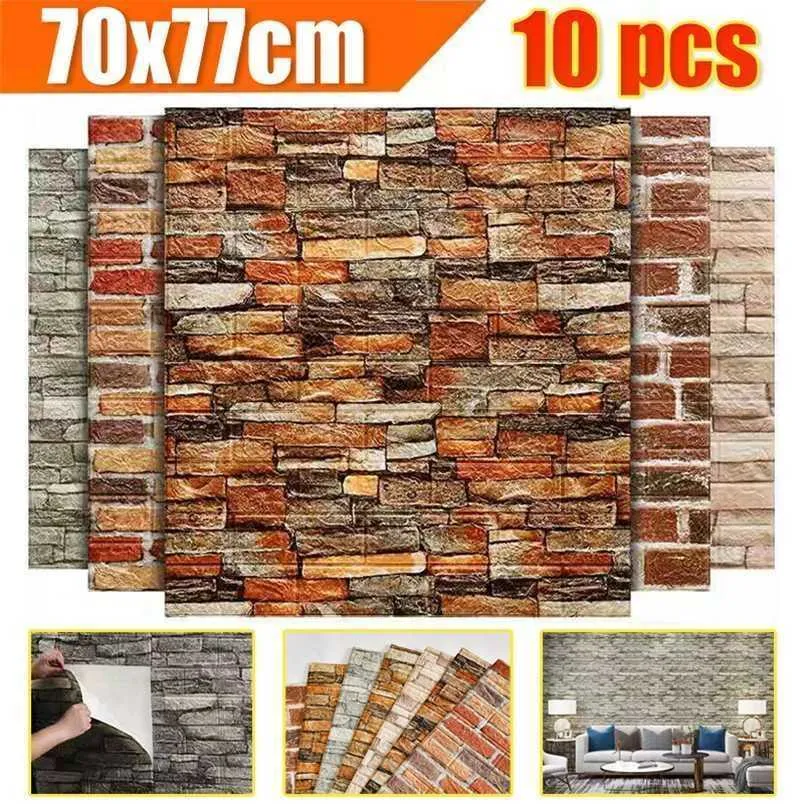 10Pcs 3D Brick Wall Sticker Retro Brick Stone Pattern Self-Adhesive Anti-Collision Wallpaper Foam Panel 70X77cm Home Decoration 211124