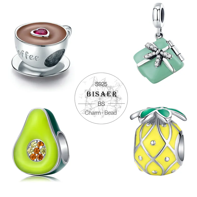 BISAER Pendant Authentic 925 Sterling Silver Green Enamel Gift Box Macaroon Pendant Charm Fit for Women Silver Bracelet GXC663 Q0531