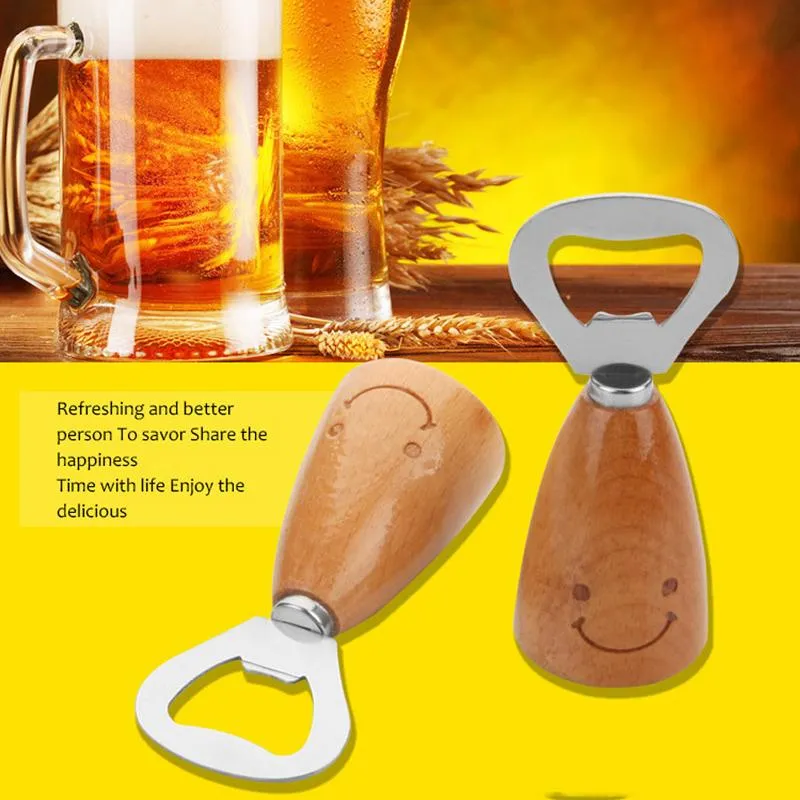 Partihandel Trähandtag Rostfritt stålöppnare Smile Anti-Slip Wood Handle Bottle Opener Slitstarka Handhållen Ölflasköppnare XDH1242