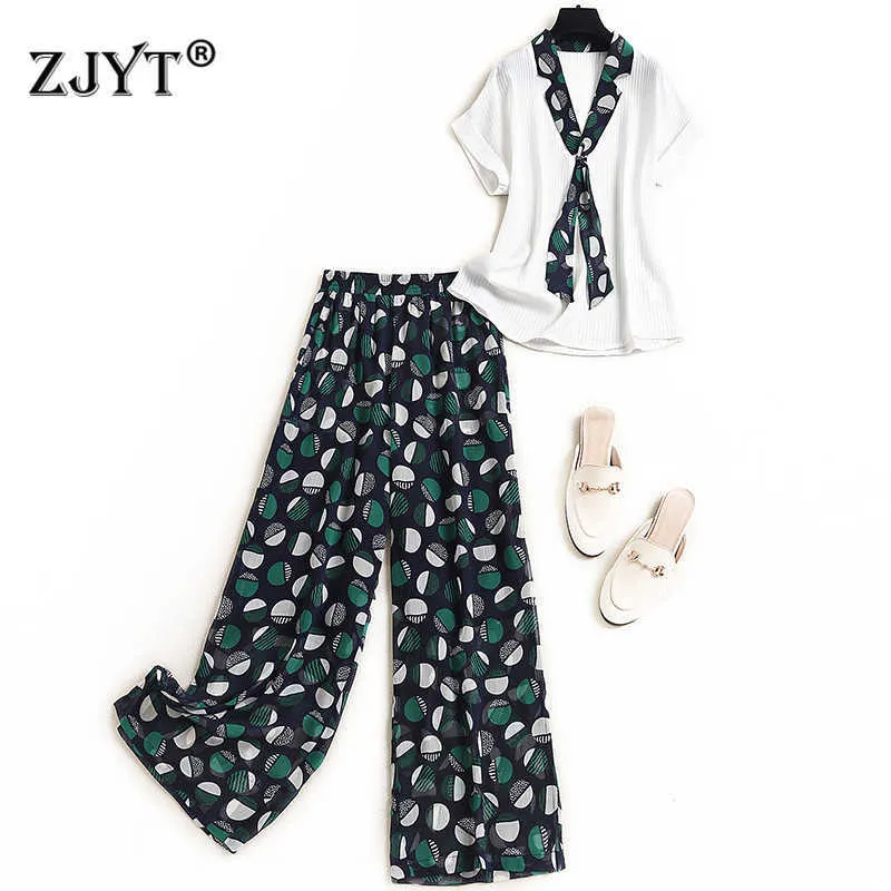 Fashion Summer Women's 2 Piece Sets Outfits Casual Short Sleeve Bow Tie Top and Wide Leg Pants Suit Female Clothing 210601