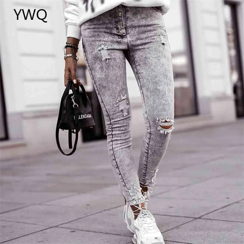 Винтажные джинсы серые разорванные женские уличные уютные сексуальные середины подъема эстетические стрейч тощий дырки джинсовые карандаши брюки 210629