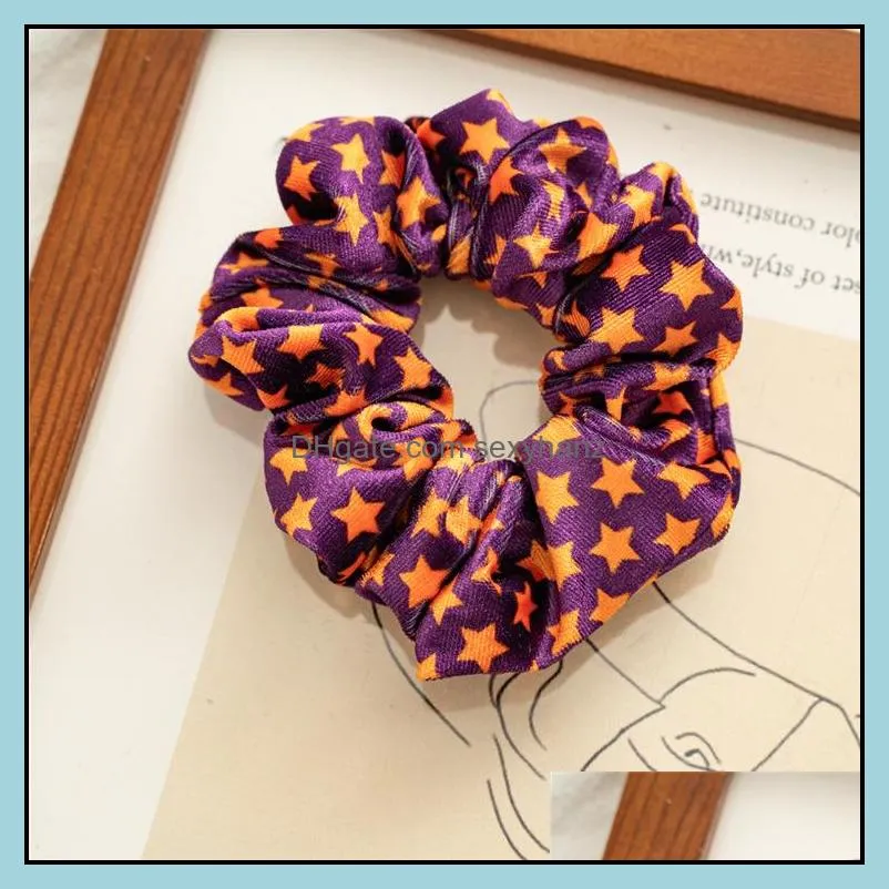 Halloween Velvet Hair Scrunchy Hairband For Woman Pumpkin Plaid Star Print Elastic Bands Girl Ties Accessory Rope GWE9861