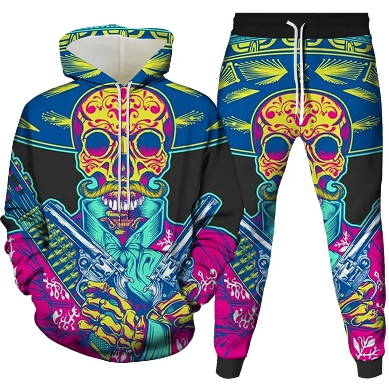 Mens Graphic Tracksuits Fashion Due Piece Pants Active Sportswear Sportswear Casual 3D Digital Boys Boys Hoodies Trackpants Skull Pattern