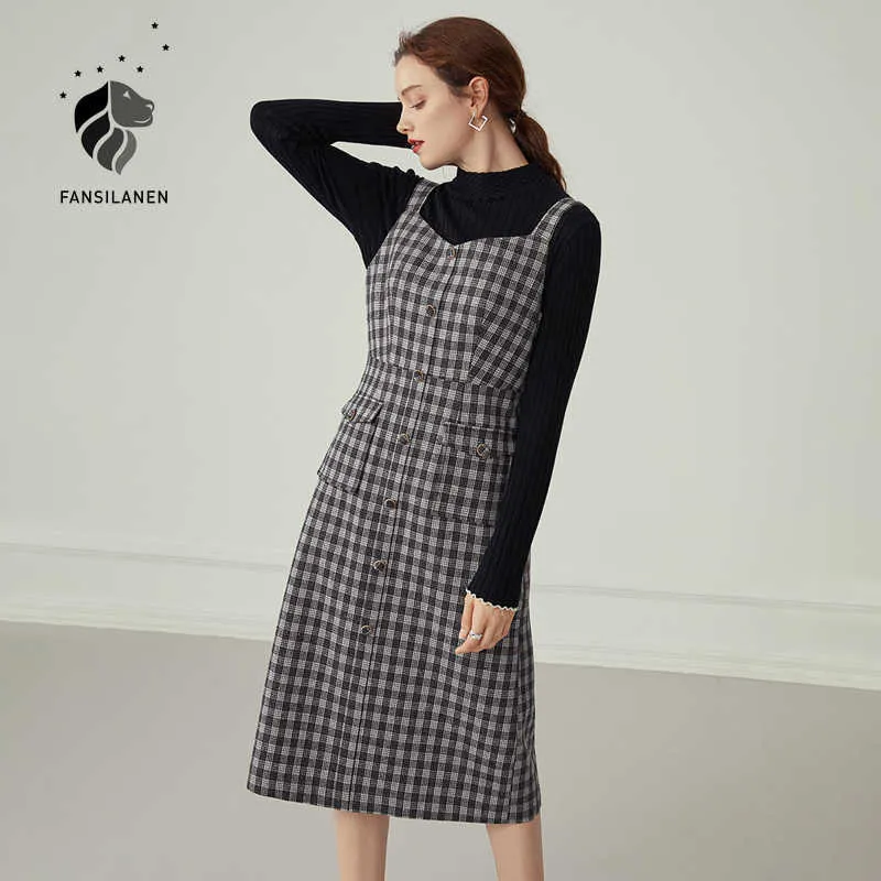 Fansilanen bez rękawów Vintage Plaid Long Sukienka Kobiety Elegancki Slim Biuro Czarny Jesień Zima Casaul Francuski Kobieta 210607