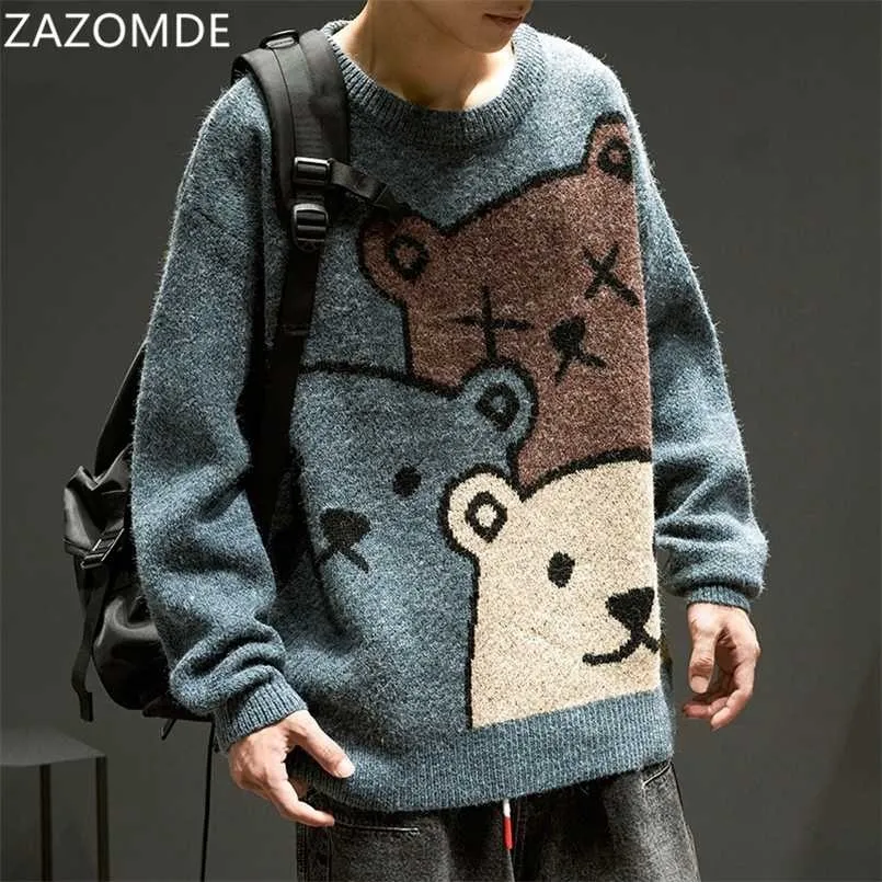 ZAZOMDE Cartoon Bear Sweater Men Winter Clothing Fashion Long Sleeve Knitted Pullover Oversized Cotton Coat 211018