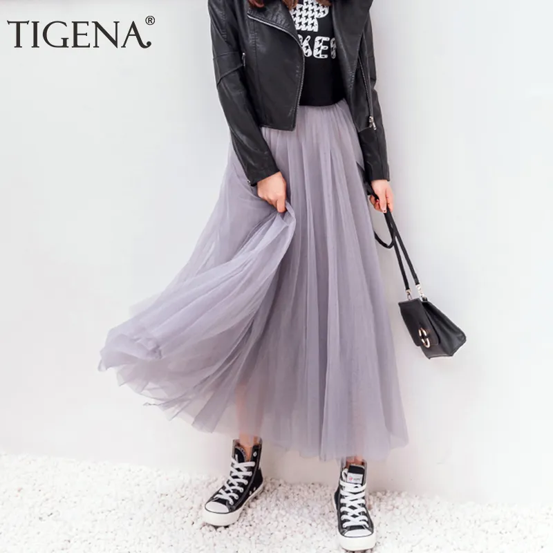 DHgate Womens Long Tulle Skirts Elastic High Waist Mesh Tutu Pleated Maxi Skirts in Black White Gray Apparel