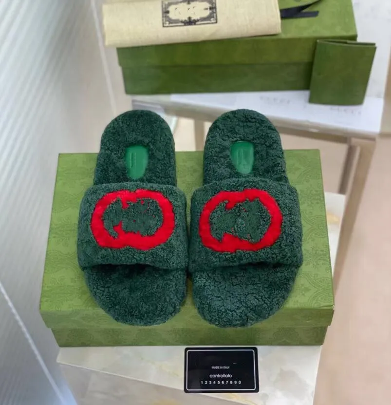 2022 Green Black Winter New Brand Women Slipper Fashion Fur Slides High Quality Soft Sole Comfort Open Toe House Flip Flops