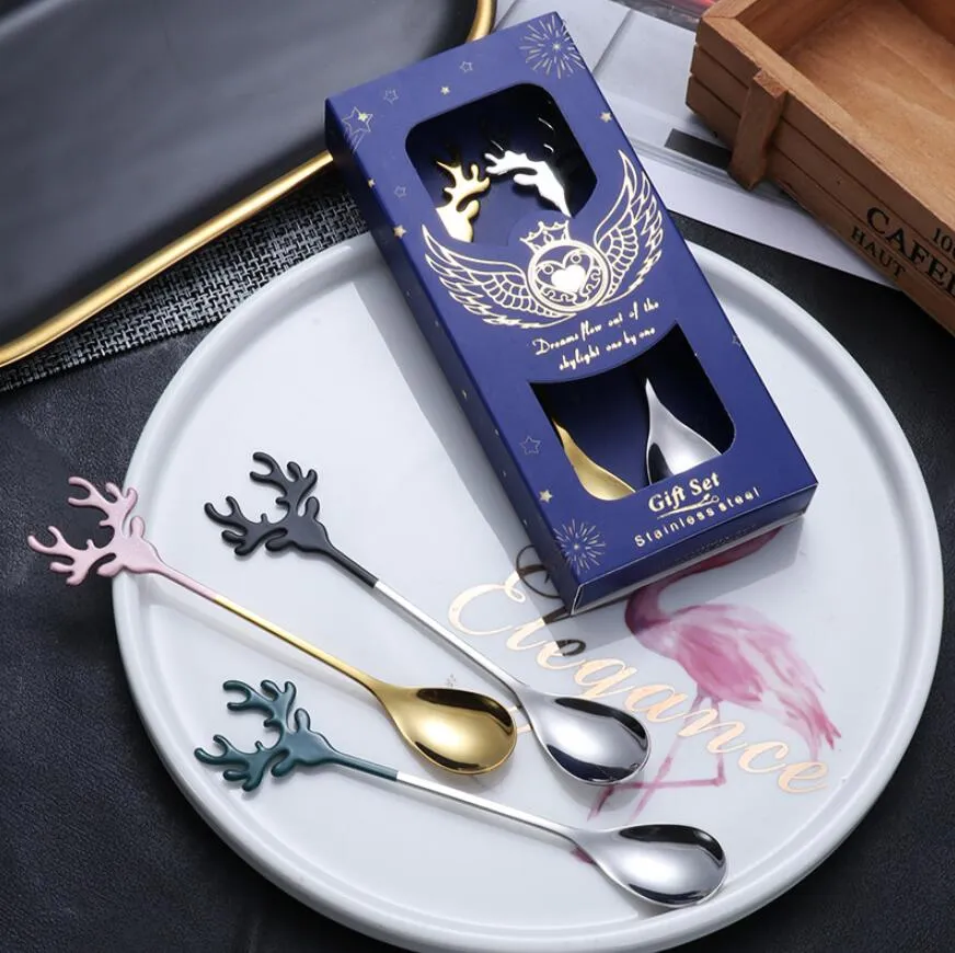 304 Stainless Steel Deer Head Shape Stirring Spoon Romantic Christmas Elk Coffee Dessert Spoon Exquisite Tableware with box gift