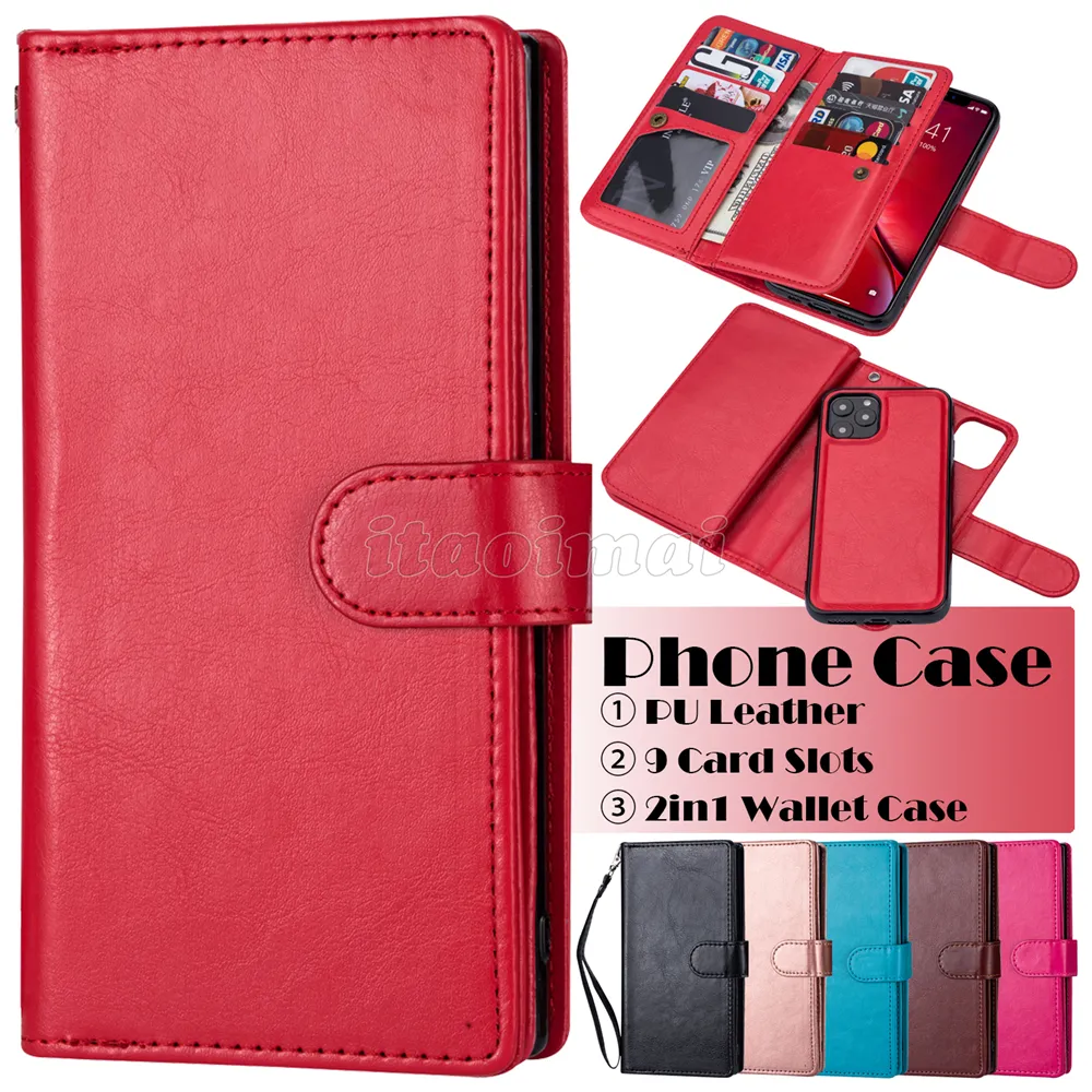 2in1 Wallet Phone Cases for iPhone 14 13 12 11 Pro Max XR XS X 7 8 Plus - Solid Color PU Leather Magnetic Car Mounted Flip Kickstand Cover Case with 9 Card Slots