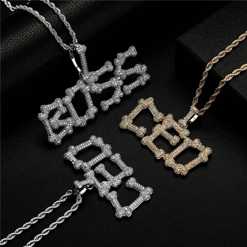 Unisex Fashion Letter Necklace Gold Plated Bling CZ Bone Shape Custom Name Letters Necklace For Women Men With 3mm 24inch Rope Chain From 8 13 DHgate