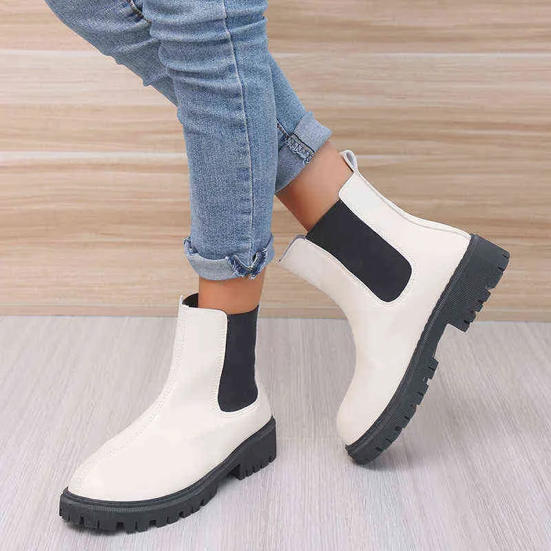 New Chunky Boots Fashion Platform Donna Caviglia Donna Suola Pouch Caviglia Botas Mujer Punta tonda Slip-On Botas Altas Mujer Plus Size Y1105