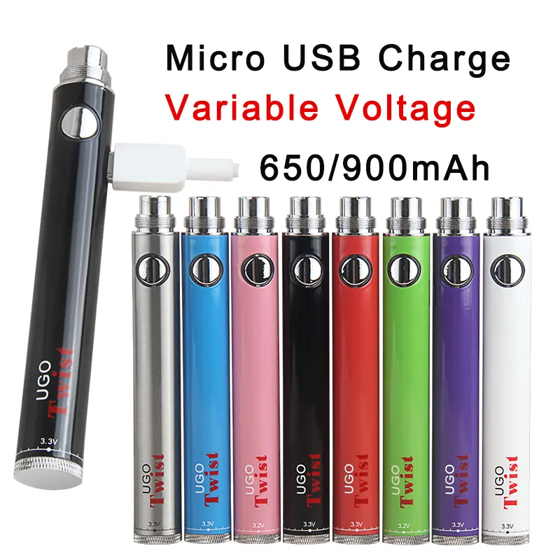 전자 담배 UGO 트위스트 기화기 배터리 650mAh 900mAh 가변 전압 배터리 510 스레딩 vape 펜 마이크로 USB 충전 포트