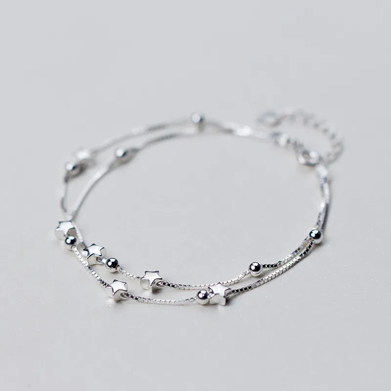 MloveAcc réel 100% 925 Sterling étoiles perles bracelets porte-bonheur femmes doubles chaînes Bracelet en argent