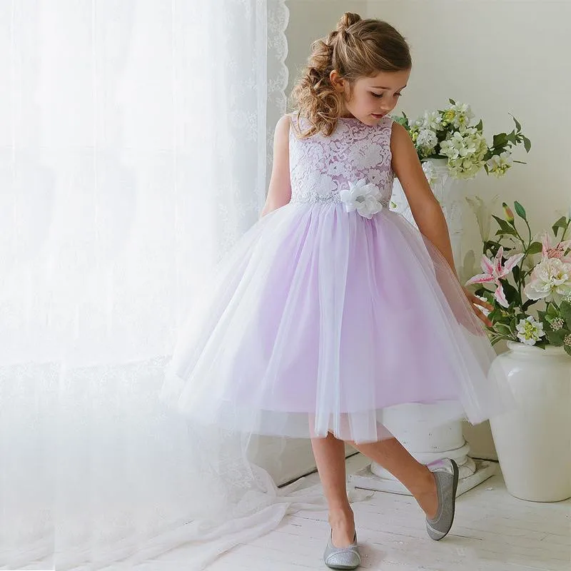 Lilac White Flower Girl Dress With Bateau Neckline Sleeveless