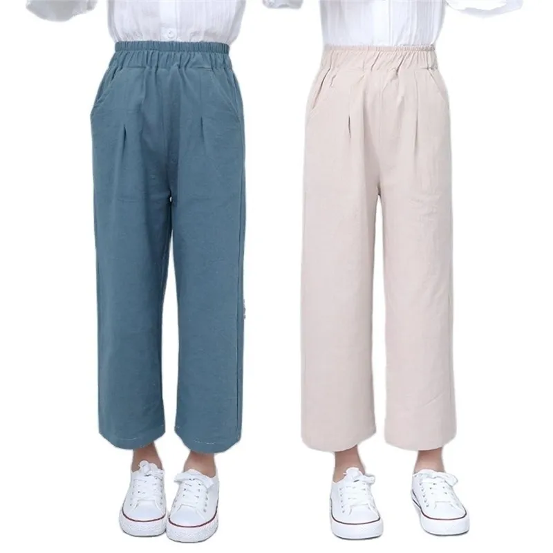 Pantalon de jambe large des filles printemps et d'été pantalon cultivé les filles model lâche p4692 210622