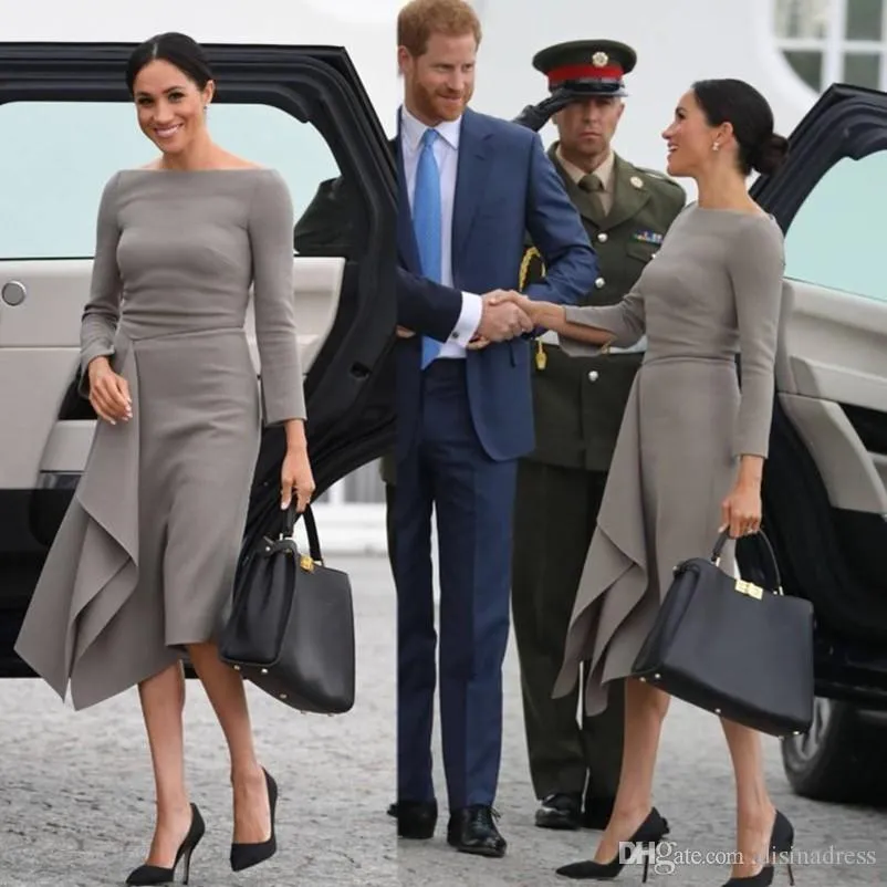 Meghan Markle Tea Length Mother Of The Bride Dresses Simple Satin Long Sleeves A Line mother Party Prom Evening Dress