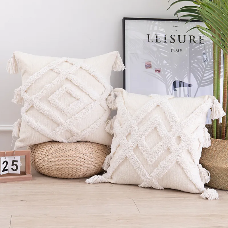 Katoenen kussenhoes met kwasten 45x45cm zachte tufted Marokkaanse stijl macrame kussensloop voor boho woonkamer bed sofa rits open 210315