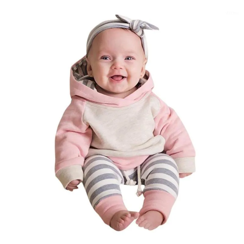 3 Sztuk Toddler Baby Girls Odzież Stroje Zestaw Z Długim Rękawem Kapturem Topy Stripe Spodnie Headband Infant Born Ubrania Zestawy