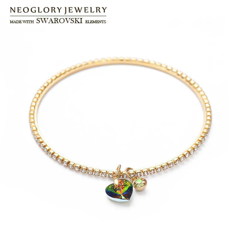 Neoglory Austria Crystal Rhinestone Shining Bangle Love Heart Design Light Yellow Gold Color for Lady Bracelet Sale Romantic Q0717