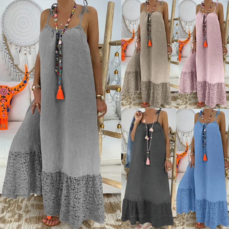 Zomer losse spaghetti riem maxi slip strand lange kant dame vestidos solide grote sundress mouwloze backless linnen jurk x0521