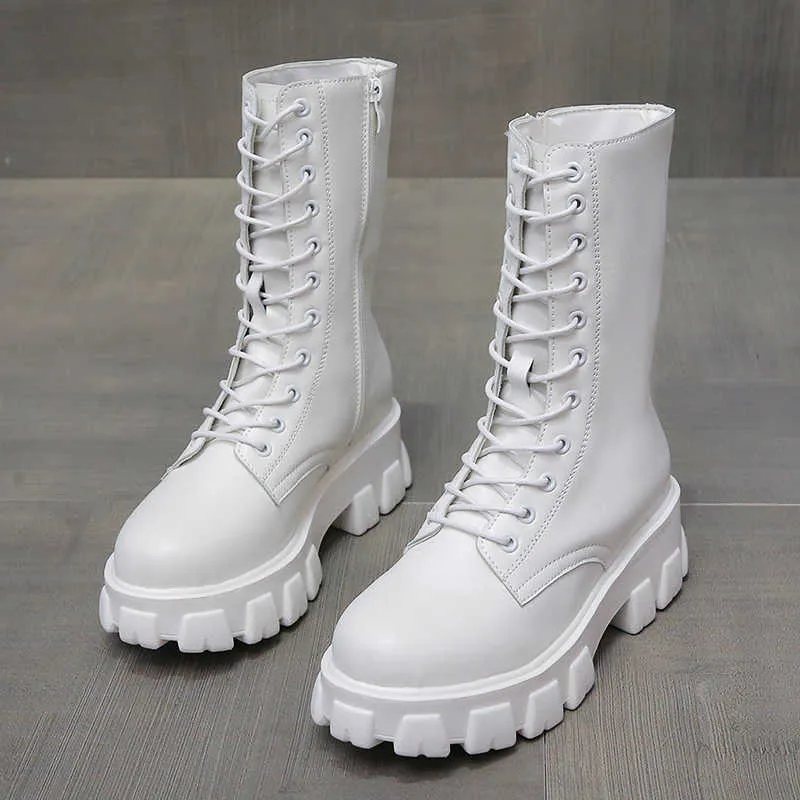 Kadınlar Uzun Çizmeler Orta Buzağı Sonbahar Kış Ayakkabı Platformu Dantel Up Pu Kadın Moda Artı Boyutu Ayakkabı Kadın Comfort Botas H1009