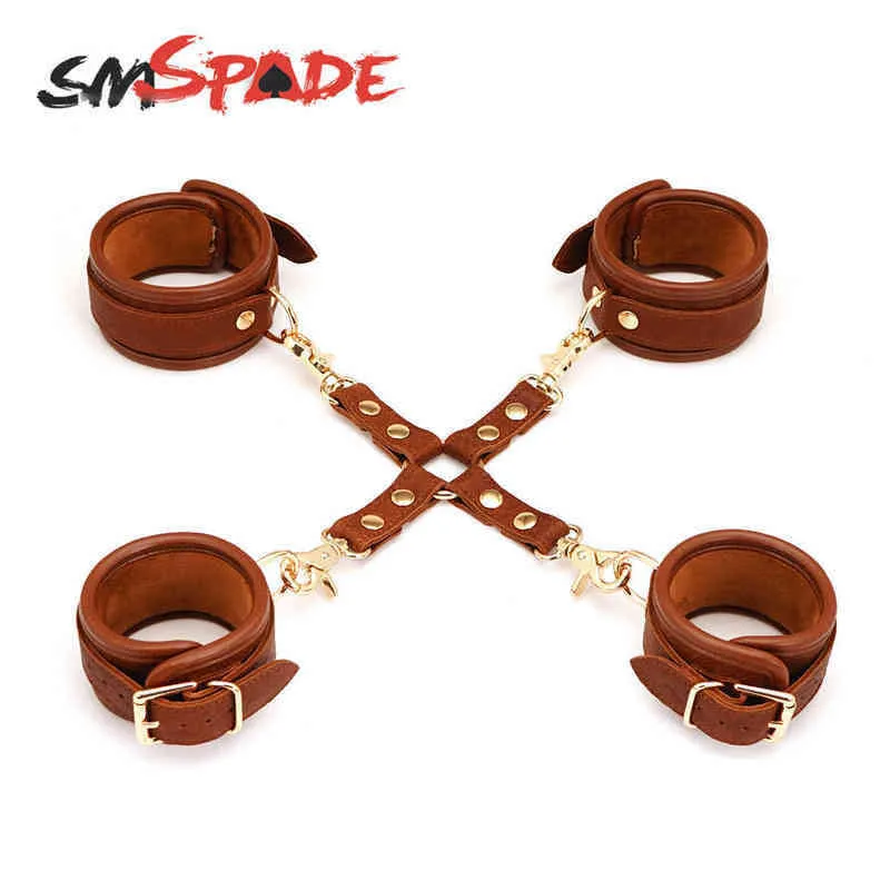 Nxy Adult Toys Smspade 4pcs Bondage Kit Leather Wrist & Ankle Cuffs Sex for Games Slave Dbsm Products Couples 1207