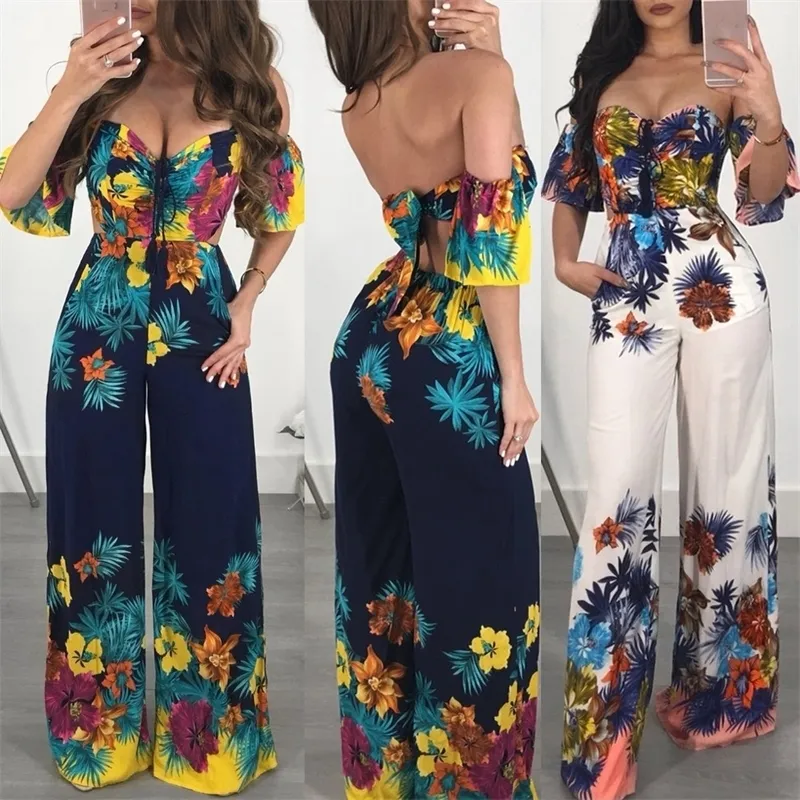 Kadın Yaz Tulum Kapalı Omuz Backless Bandaj Çiçek Tek Parça Uzun Pantolon Clubwear Parti Tulum T200303