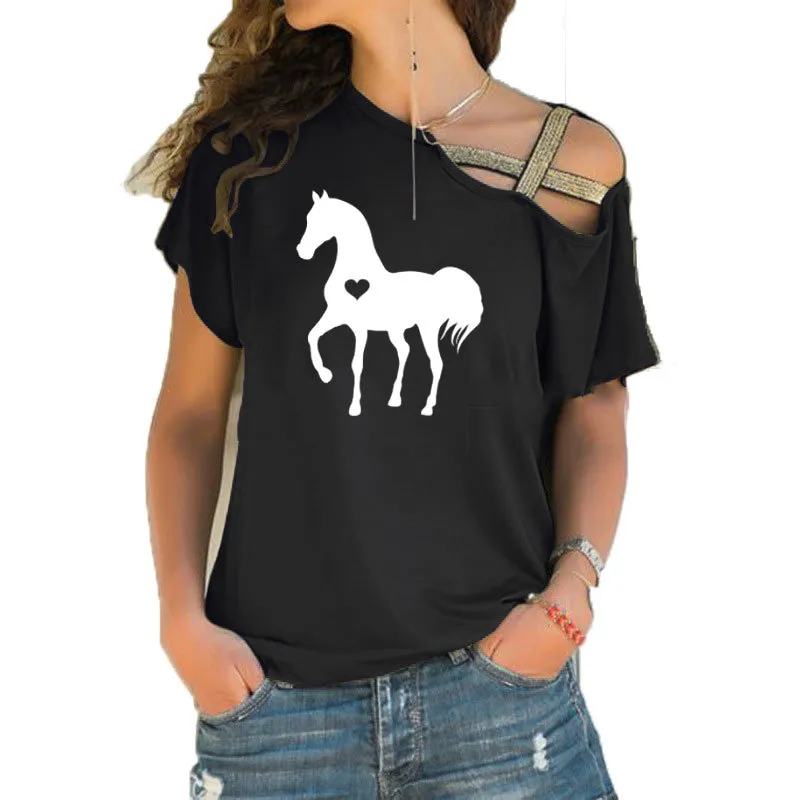 Heart Horse Shirt Horse Tshirt Horse Lover 승마 선물 의류 생일 파티 불규칙 스큐 크로스 붕대 티 210306