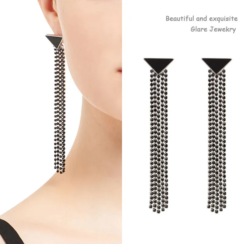Luxury Full Diamond Tassel Earrings Charm Metal Triangle Letter Eardrop Girl Rhinestone Studs Shiny Women Jewelry Gift
